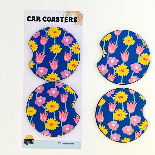 Car Coasters, Bright & Colorful Hand Drawn Floral Design