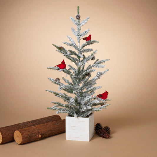 Cardinal Flocked Tree in Wood Box