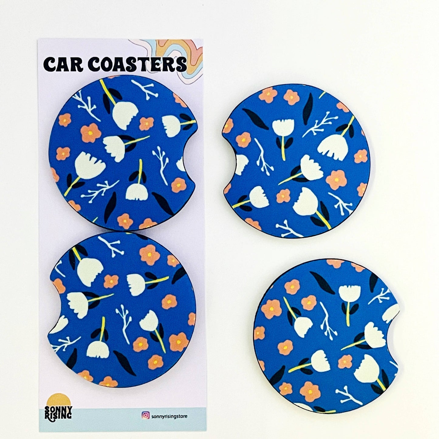 Car Coasters - Blue Scandinavian Floral Pattern