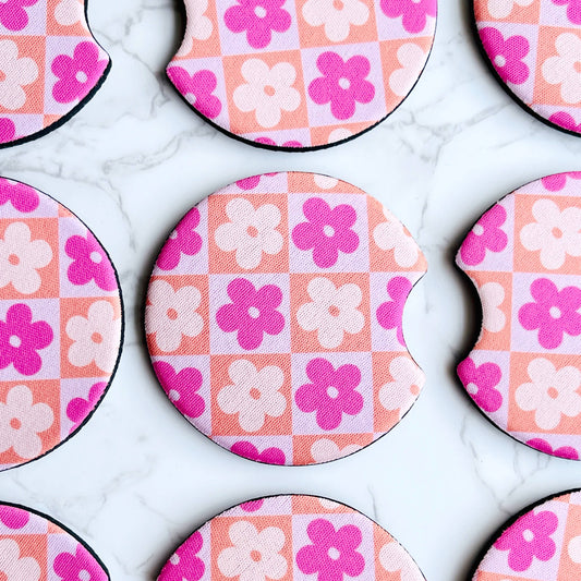 Car Coasters, Pink and Orange Checkered Daisy Design