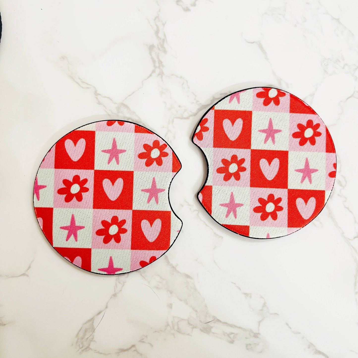 Car Coasters, Red and Pink Heart Block Design