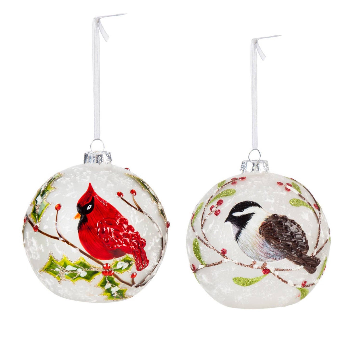 Cardinal and Chickadee Glass LED Ornament