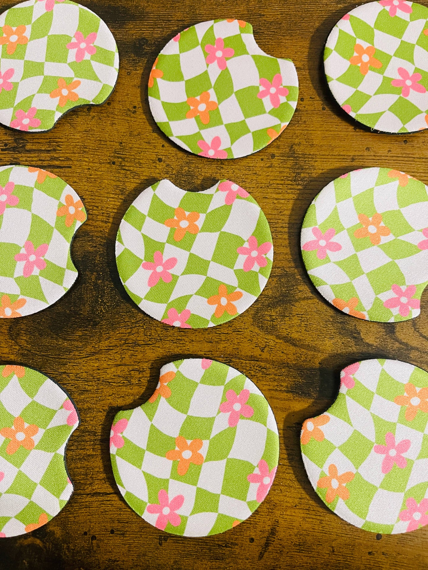 Car Coasters, Groovy Green Check and Pink Daisy Design