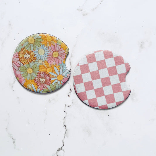 Car Coasters, Retro Floral and Pink Check