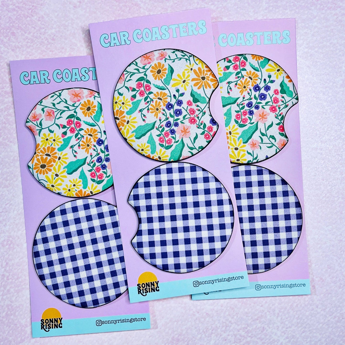 Car Coasters, Deep Purple Gingham and Spring Floral