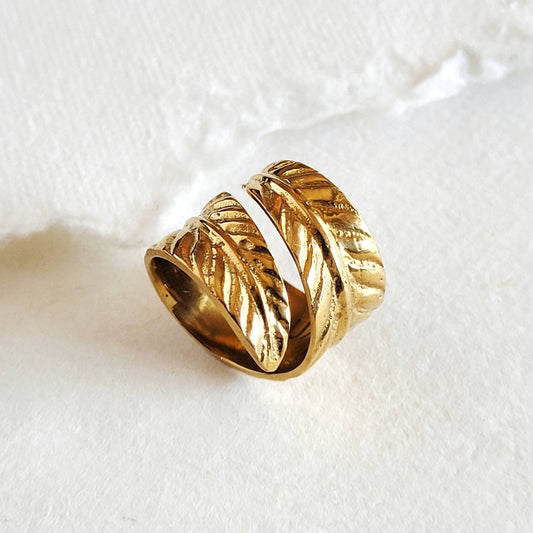 Brass ring feather leaf wrap