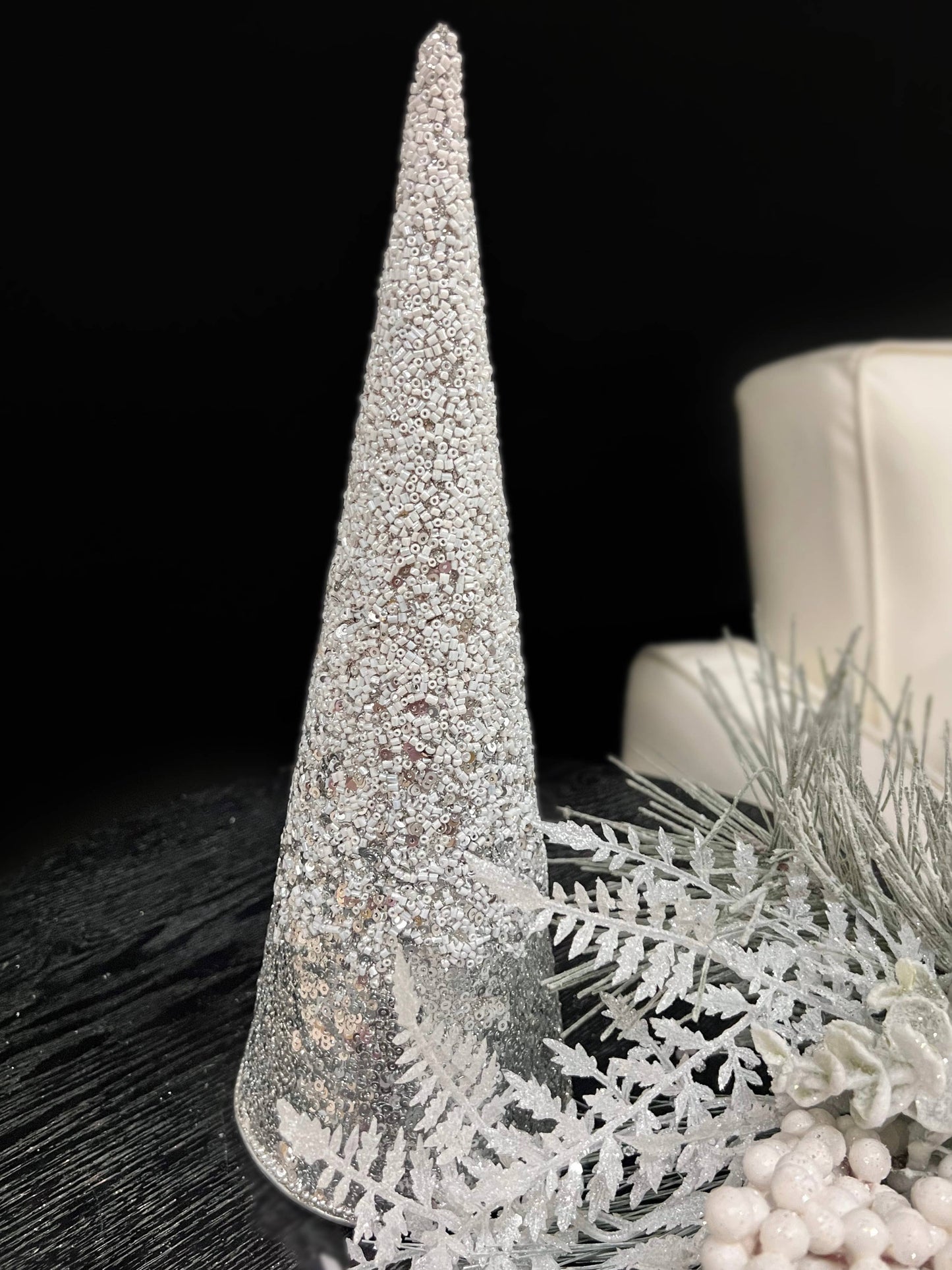 Cone Tree with White and Silver Glass Beads 12in