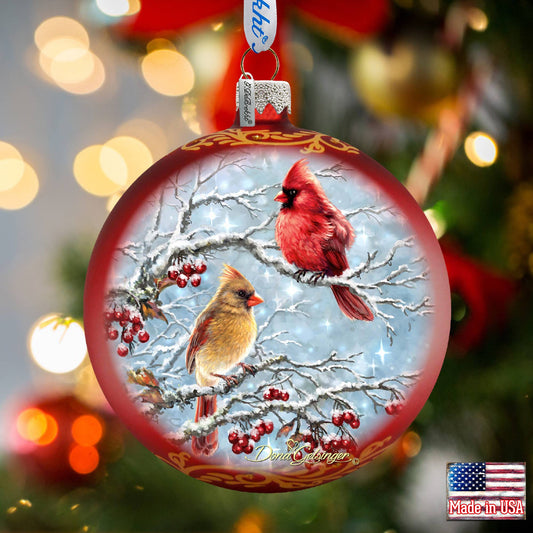 Winter Cardinals Glass Ornament Holiday by Gelsinger