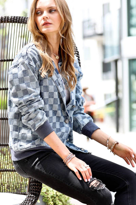 Checkered Denim Bomber Jacket