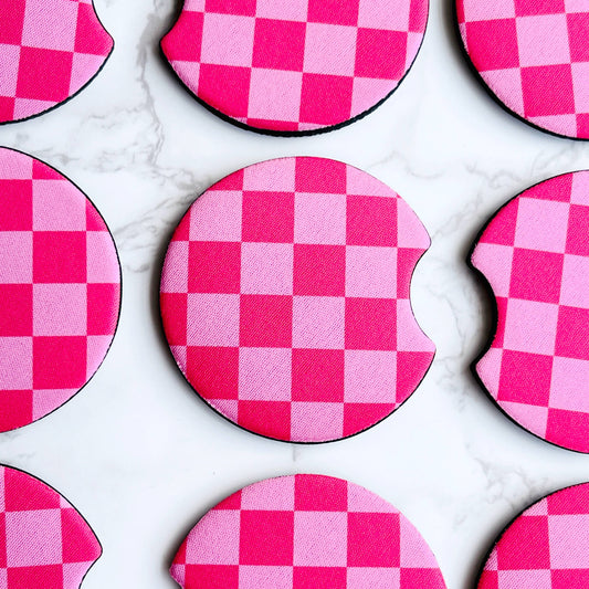 Car Coasters, Pink Checkerboard Design