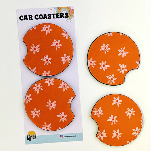 Car Coasters, Bright Orange Floral Pattern