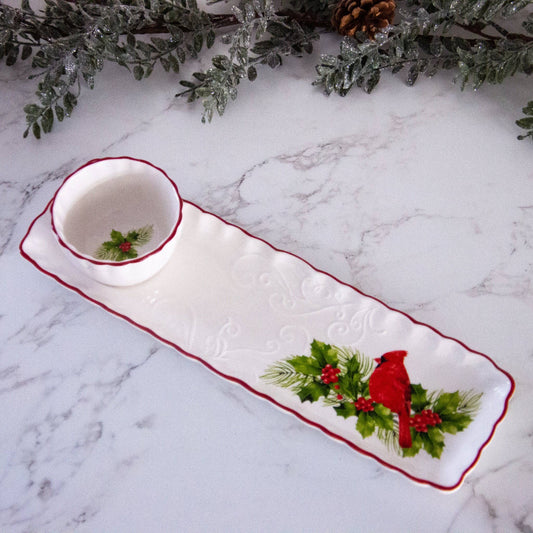 Ceramic Tray with Dip Bowl - Cardinal and Holly