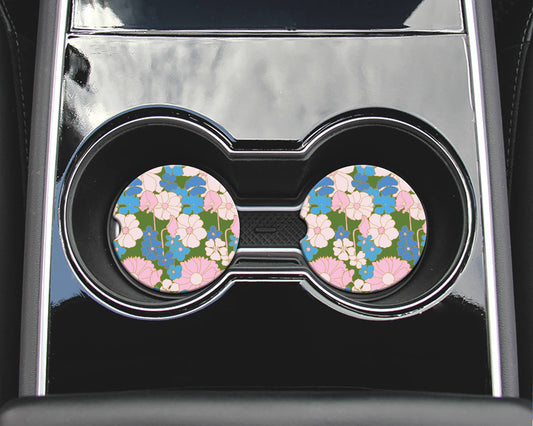 Car Coasters- 60's blue floral pattern