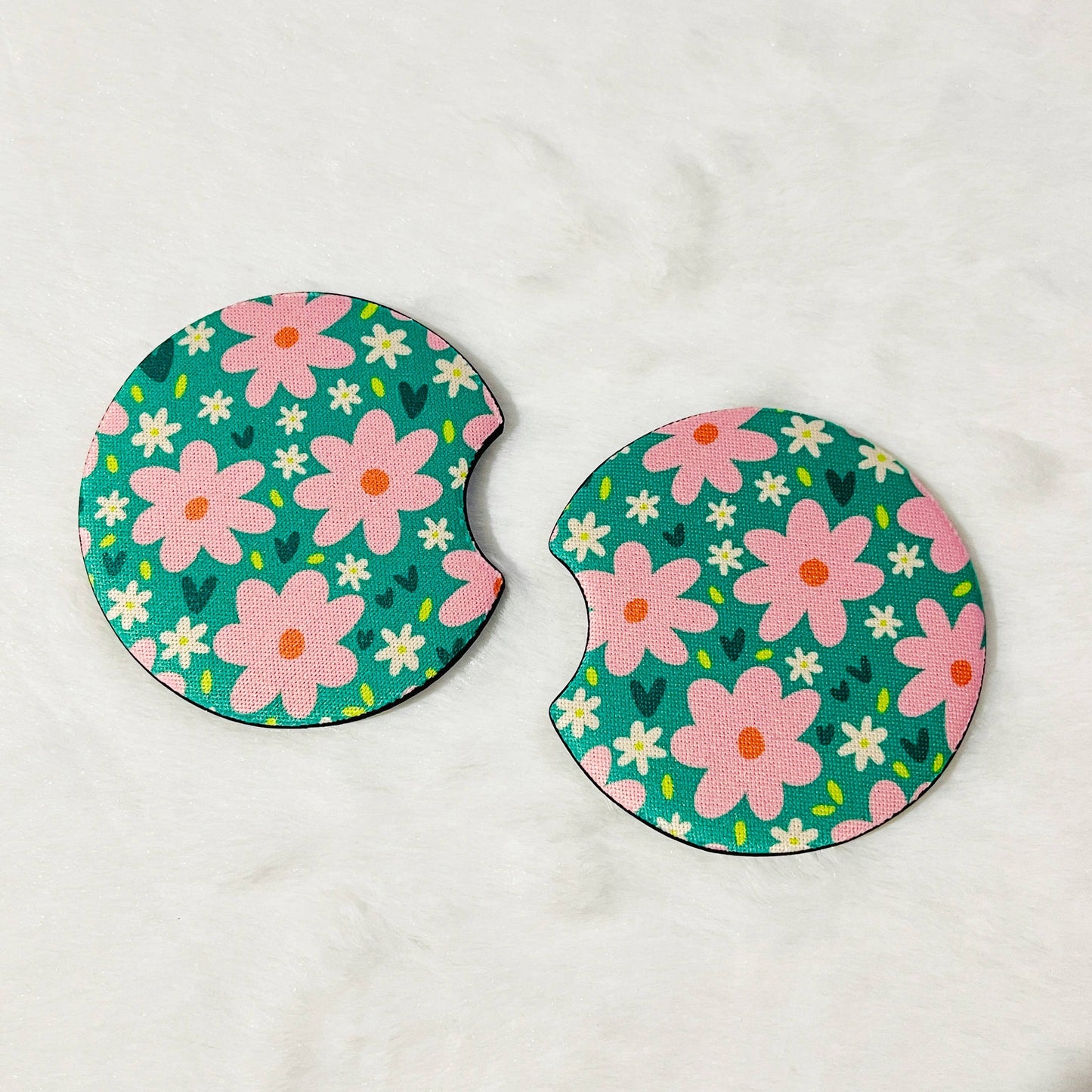 2 Car Coasters, Green Floral Pattern