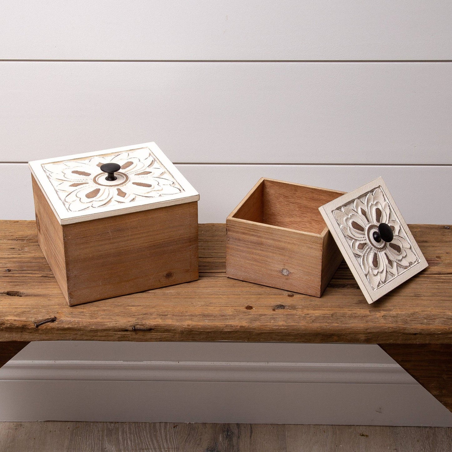 Distressed White Flower Wood Box