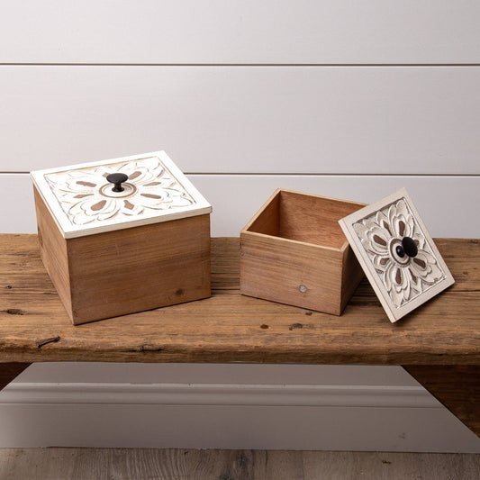 Distressed White Flower Wood Box