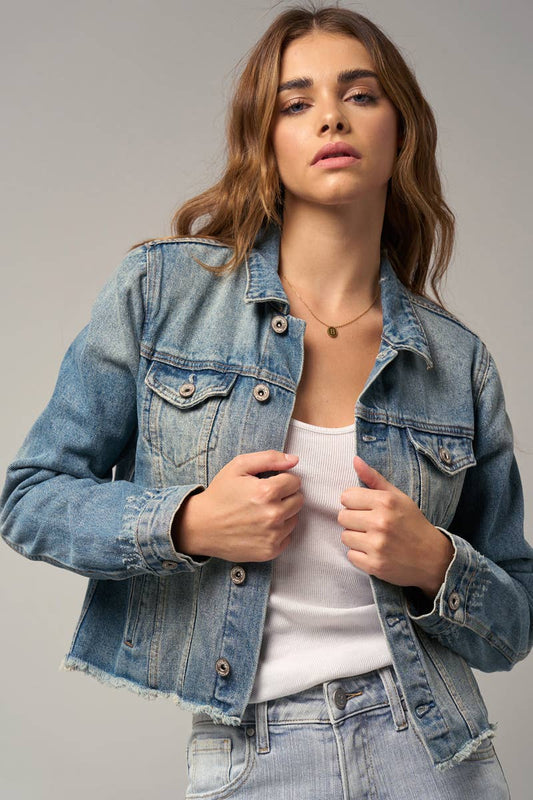 Flap Pockets Raw Hem Denim Jacket