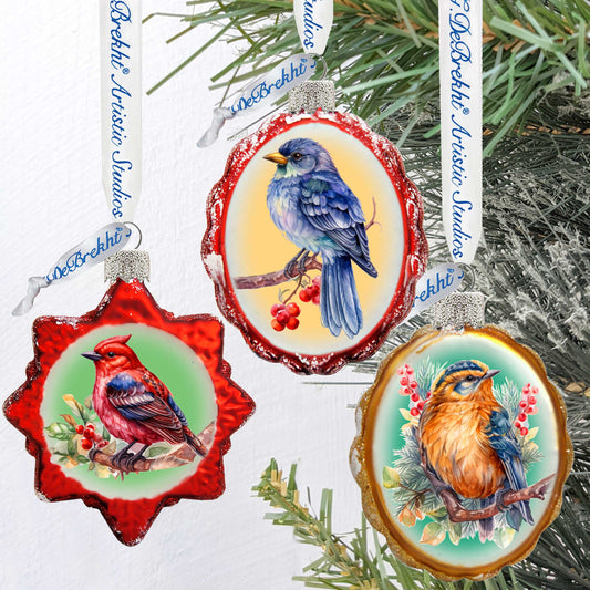 Forest Birds Glass Ornaments Set 3