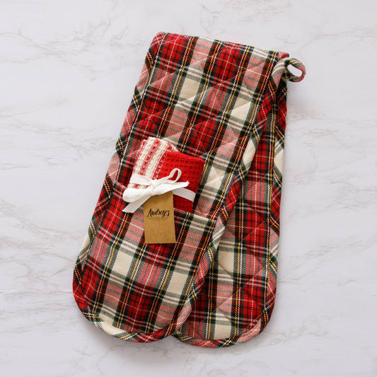 Tartan Double Oven Mitt Gift Set With Dish Cloths