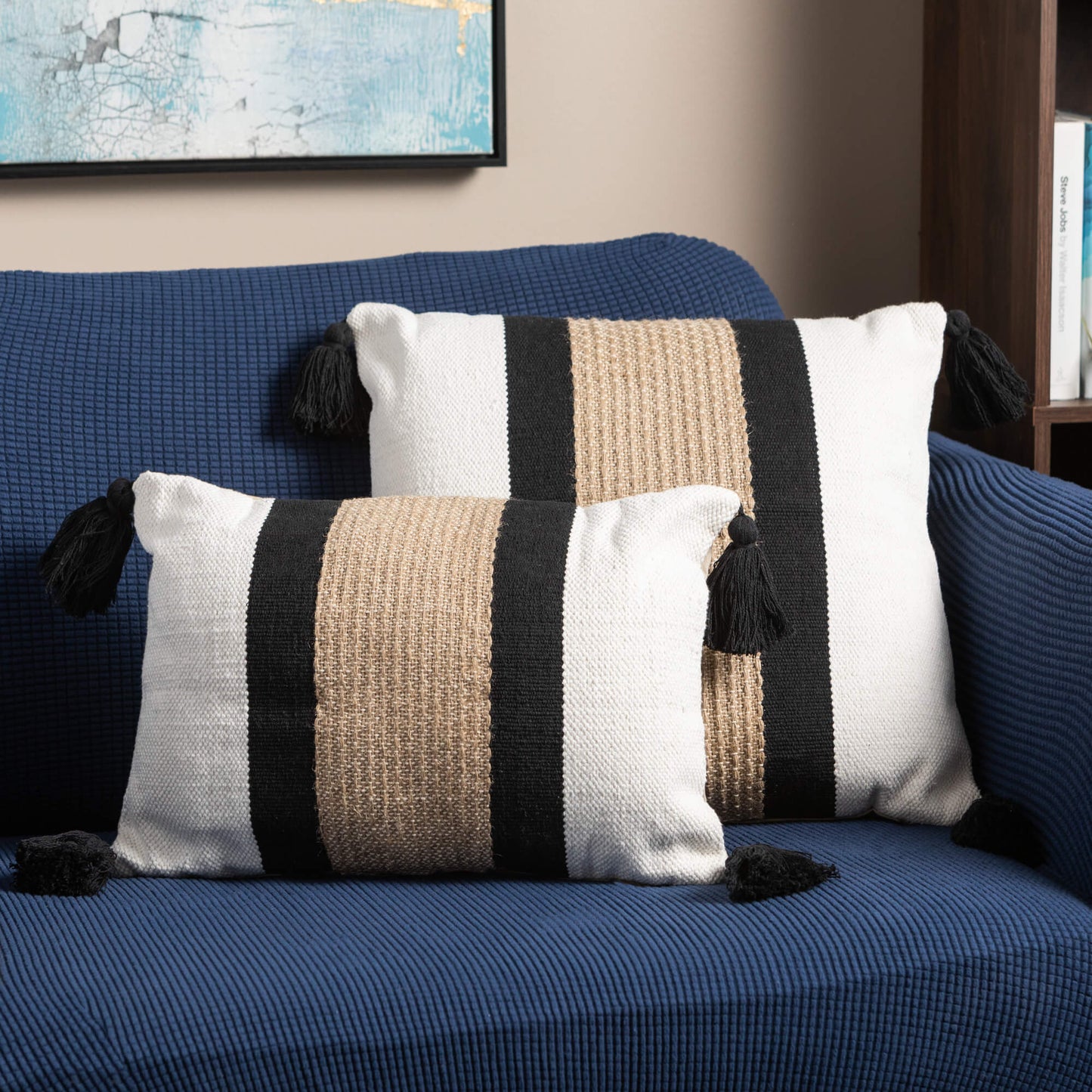 Stripe bolster tasseled pillow